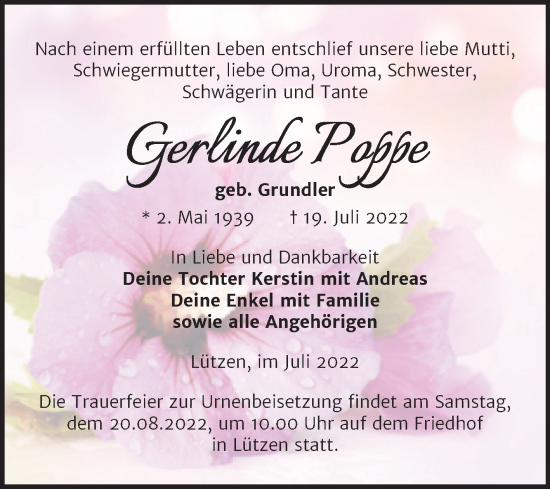 Traueranzeige von Gerlinde Poppe von Trauerkombi Weißenfels