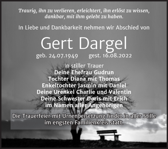 Traueranzeige von Gert Dargel von Trauerkombi Bitterfeld
