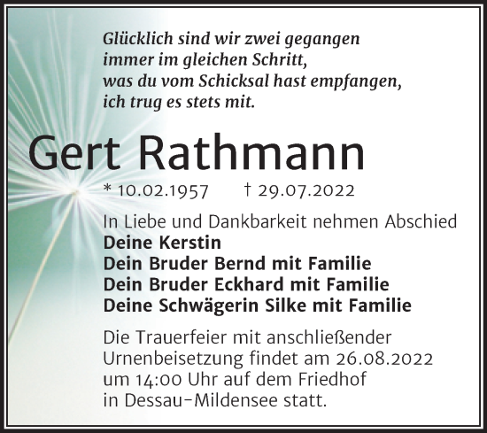Traueranzeige von Gert Rathmann von Trauerkombi Dessau