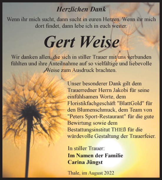 Traueranzeige von Gert Weise von Trauerkombi Quedlinburg