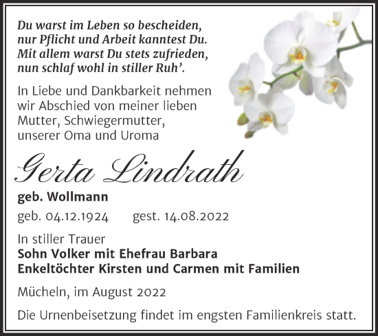 Traueranzeige von Gerta Lindrath von Trauerkombi Merseburg