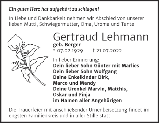 Traueranzeige von Gertraud Lehmann von Trauerkombi Bitterfeld