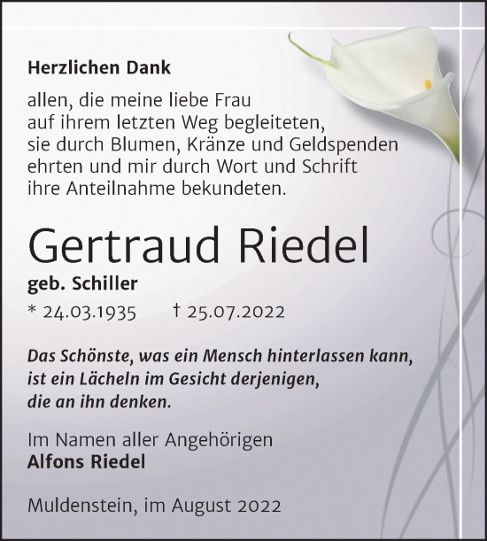 Traueranzeige von Gertraud Riedel von Trauerkombi Bitterfeld