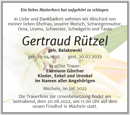 Traueranzeige von Gertraud Rützel von Trauerkombi Merseburg
