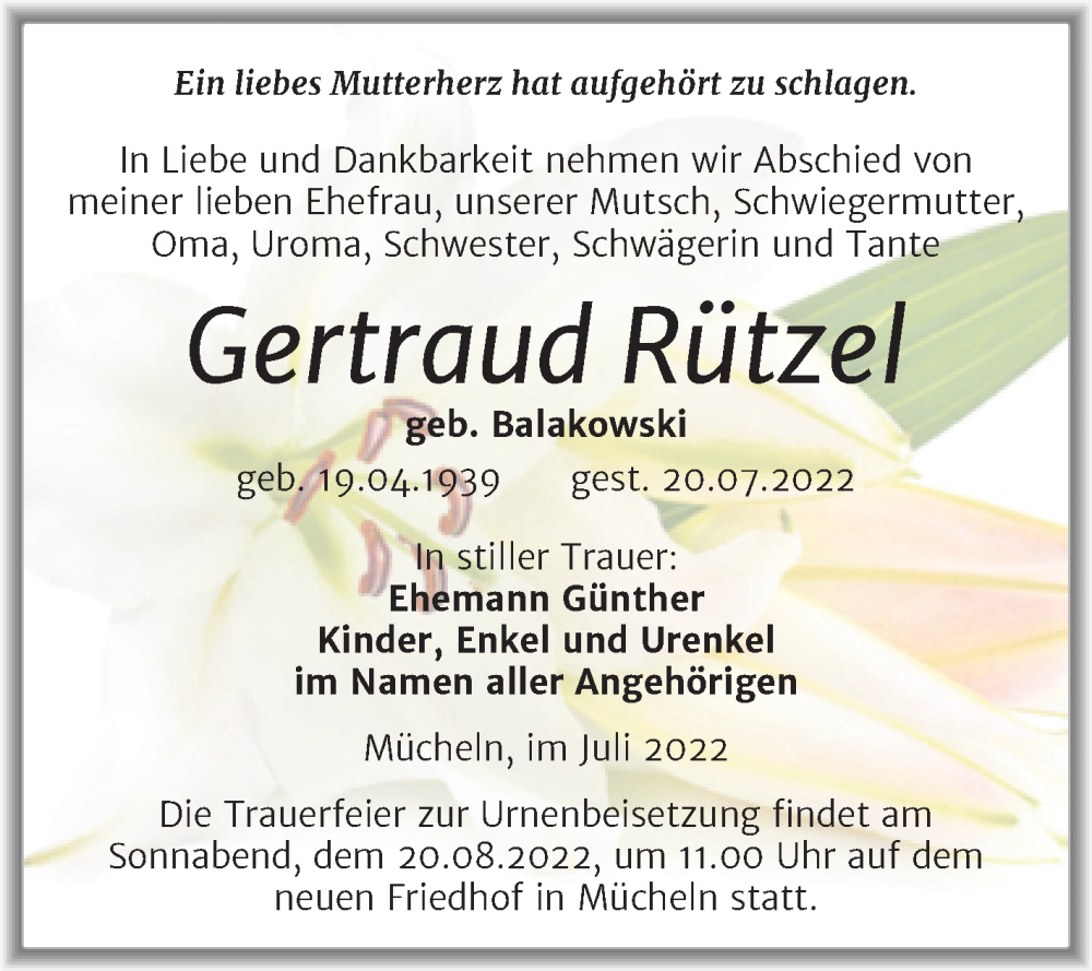  Traueranzeige für Gertraud Rützel vom 06.08.2022 aus Trauerkombi Merseburg