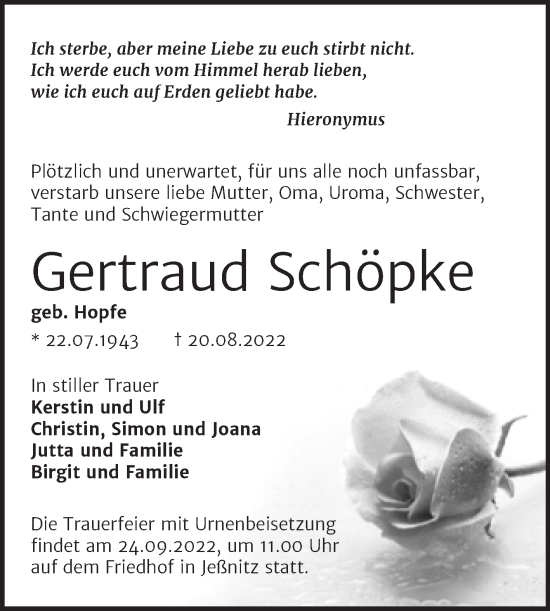 Traueranzeige von Gertraud Schöpke von Trauerkombi Bitterfeld