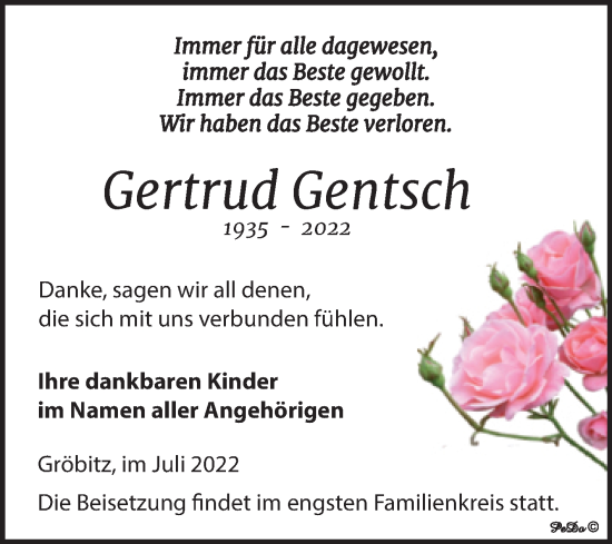 Traueranzeige von Gertrud Gentsch von Trauerkombi Weißenfels