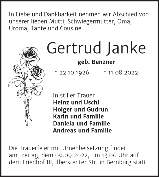 Traueranzeige von Gertrud Janke von Trauerkombi Bernburg