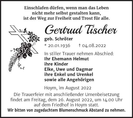 Traueranzeige von Gertrud Tischer von Trauerkombi Aschersleben