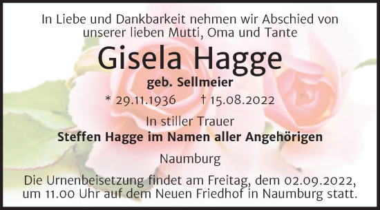 Traueranzeige von Gisela Hagge von Wochenspiegel Naumburg/Nebra