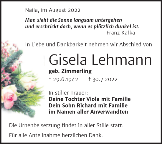 Traueranzeige von Gisela Lehmann von Trauerkombi Köthen
