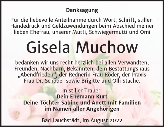 Traueranzeige von Gisela Muchow von Trauerkombi Merseburg