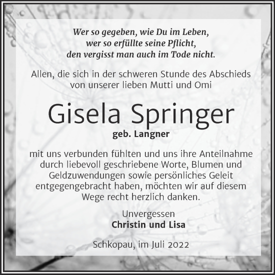 Traueranzeige von Gisela Springer von Trauerkombi Merseburg