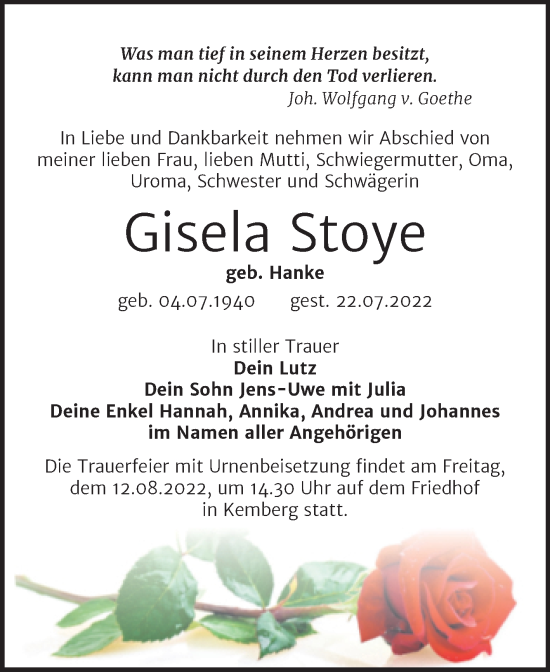 Traueranzeige von Gisela Stoye von Trauerkombi Wittenberg