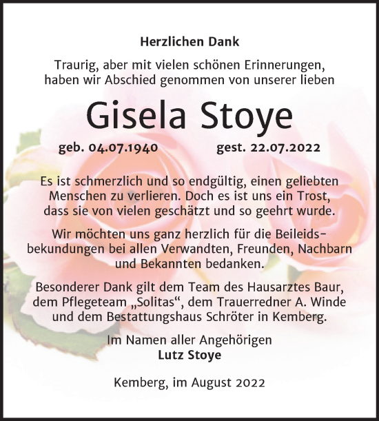 Traueranzeige von Gisela Stoye von Trauerkombi Wittenberg