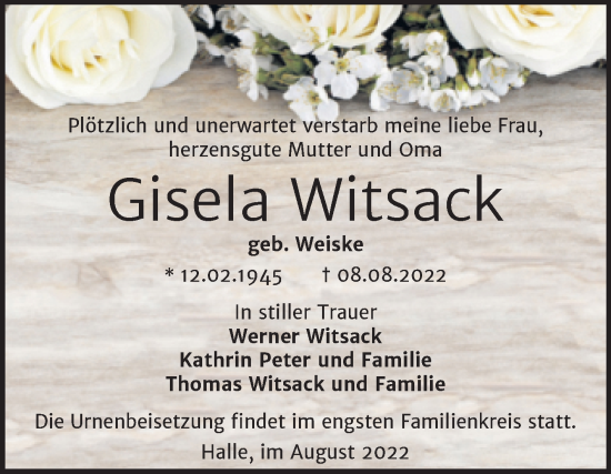 Traueranzeige von Gisela Witsack von Mitteldeutsche Zeitung Halle/Saalkreis