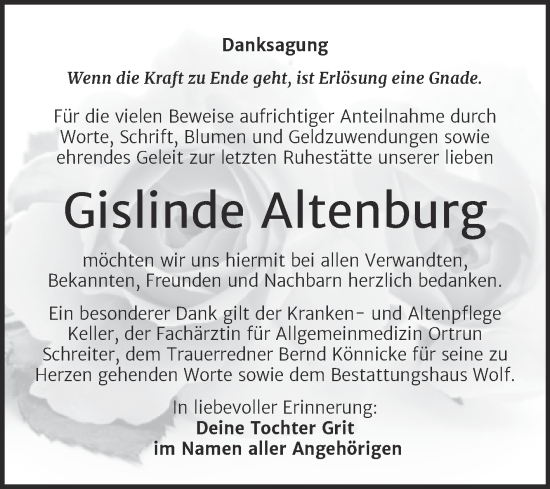 Traueranzeige von Gislinde Altenburg von Trauerkombi Weißenfels