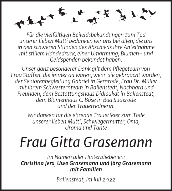 Traueranzeige von Gitta Grasemann von Trauerkombi Quedlinburg
