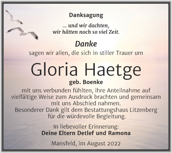 Traueranzeige von Gloria Haetge von Trauerkombi Mansfelder Land