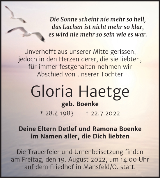 Traueranzeige von Gloria Haetge von Trauerkombi Mansfelder Land