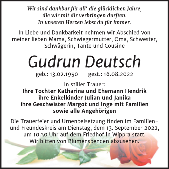Traueranzeige von Gudrun Deutsch von Mitteldeutsche Zeitung Mansfelder Land