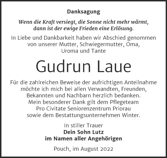 Traueranzeige von Gudrun Laue von Trauerkombi Bitterfeld