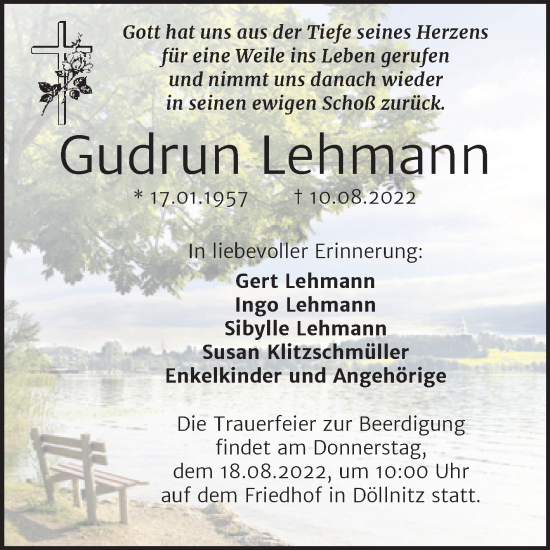 Traueranzeige von Gudrun Lehmann von Trauerkombi Merseburg