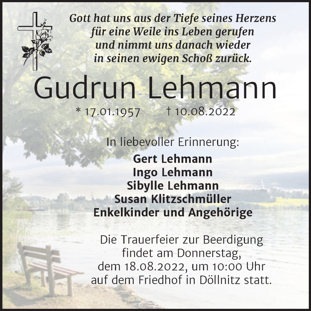  Traueranzeige für Gudrun Lehmann vom 17.08.2022 aus Trauerkombi Merseburg