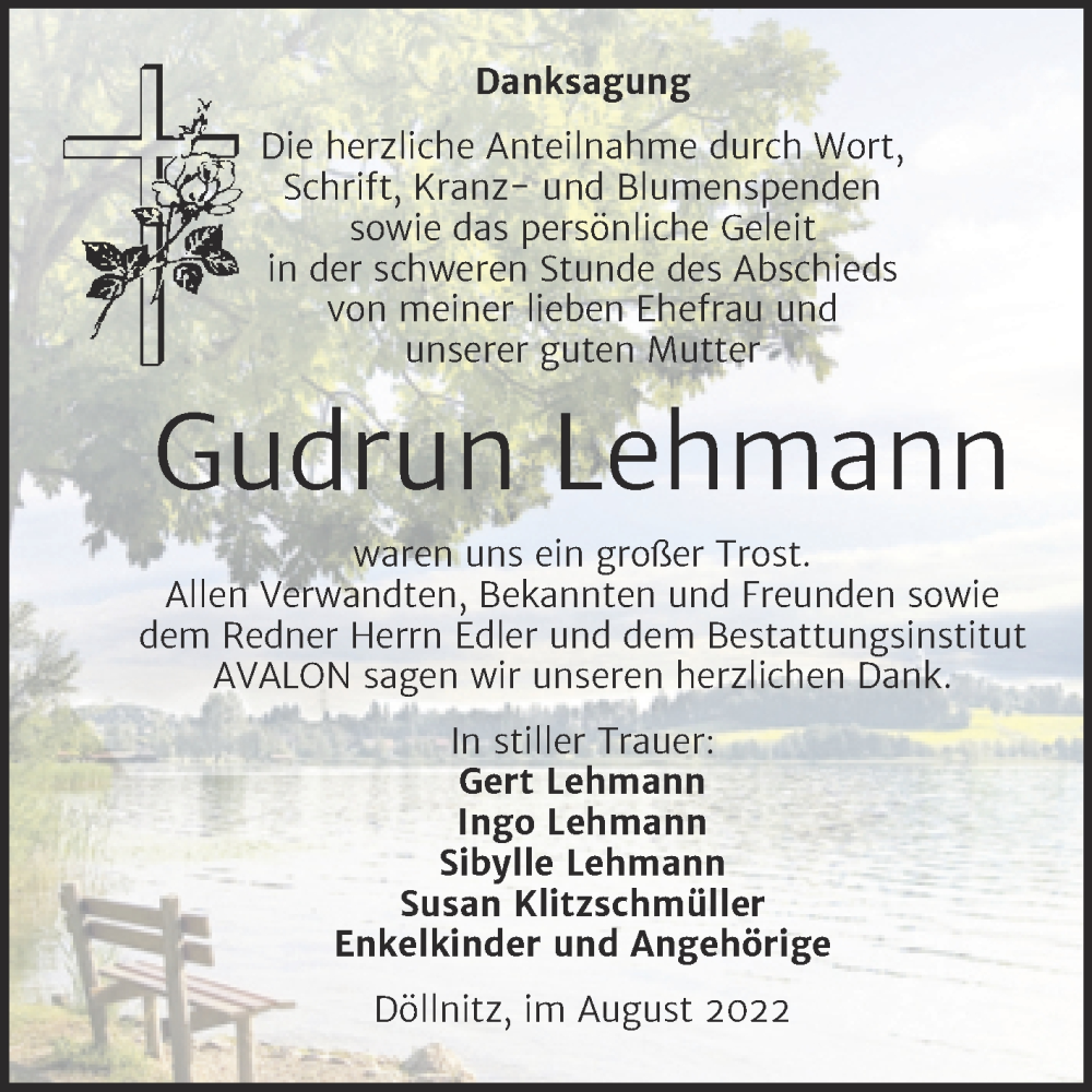  Traueranzeige für Gudrun Lehmann vom 27.08.2022 aus Trauerkombi Merseburg
