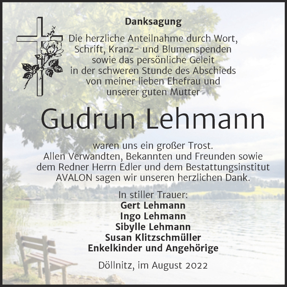  Traueranzeige für Gudrun Lehmann vom 31.08.2022 aus Trauerkombi Merseburg