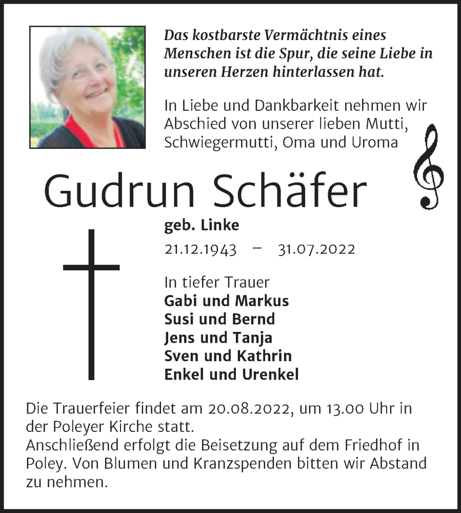 Traueranzeige für Gudrun Schäfer vom 06.08.2022 aus Trauerkombi Bernburg