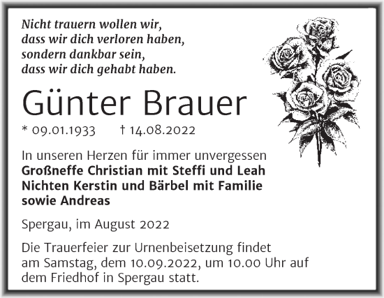 Traueranzeige von Günter Brauer von Trauerkombi Merseburg