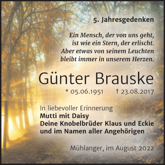 Traueranzeige von Günter Brauske von Trauerkombi Wittenberg