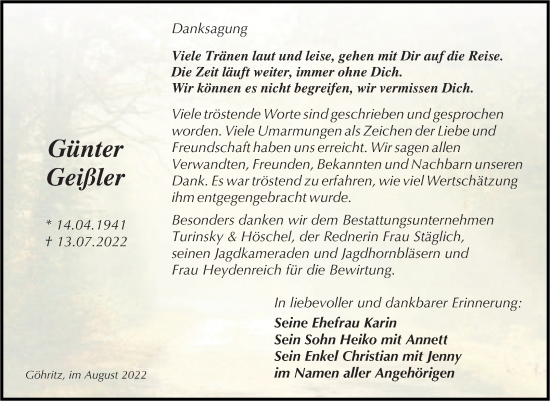 Traueranzeige von Günter Geißler von Trauerkombi Merseburg