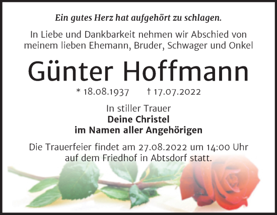 Traueranzeige von Günter Hoffmann von Trauerkombi Wittenberg