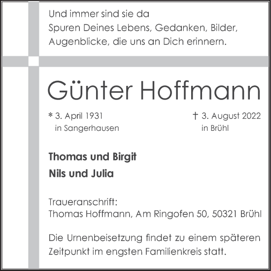 Traueranzeige von Günter Hoffmann von Trauerkombi Sangerhausen