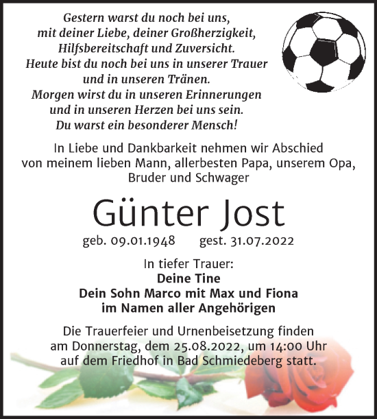 Traueranzeige von Günter Jost von Trauerkombi Wittenberg