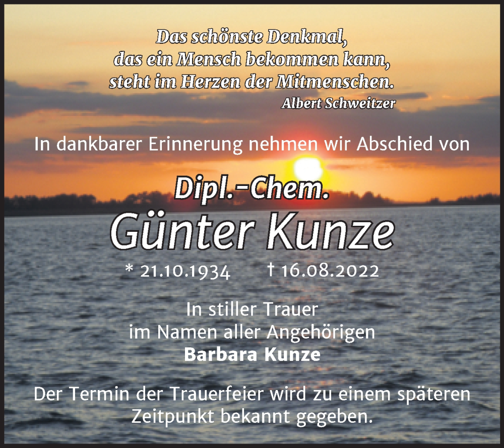  Traueranzeige für Günter Kunze vom 26.08.2022 aus Trauerkombi Dessau