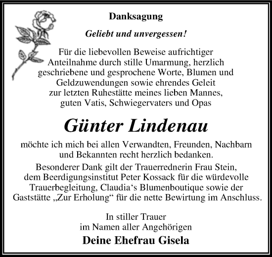 Traueranzeige von Günter Lindenau von Trauerkombi Dessau