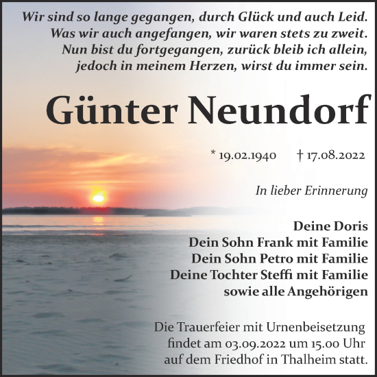 Traueranzeige von Günter Neundorf von Trauerkombi Bitterfeld