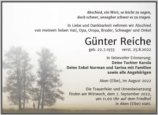 Traueranzeige von Günter Reiche von Trauerkombi Köthen