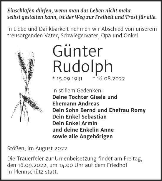 Traueranzeige von Günter Rudolph von Trauerkombi Weißenfels