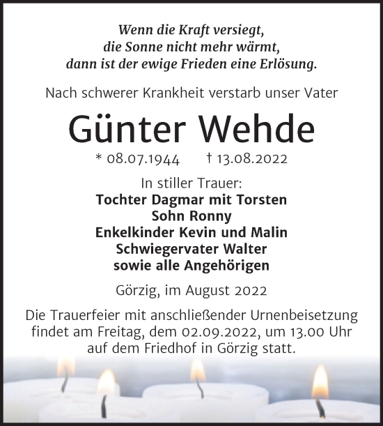 Traueranzeige von Günter Wehde von Trauerkombi Köthen