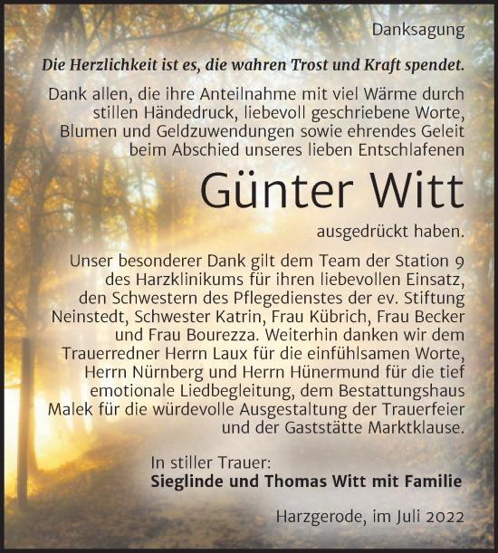 Traueranzeige von Günter Witt von Trauerkombi Quedlinburg