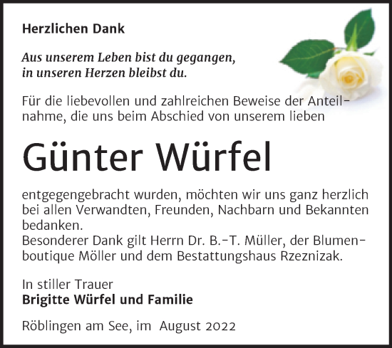 Traueranzeige von Günter Würfel von Trauerkombi Mansfelder Land