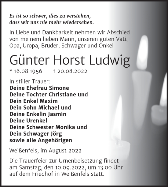 Traueranzeige von Günter Horst Ludwig von Trauerkombi Weißenfels