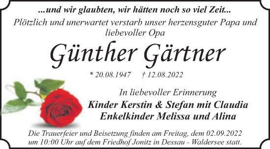 Traueranzeige von Günther Gärtner von Trauerkombi Dessau