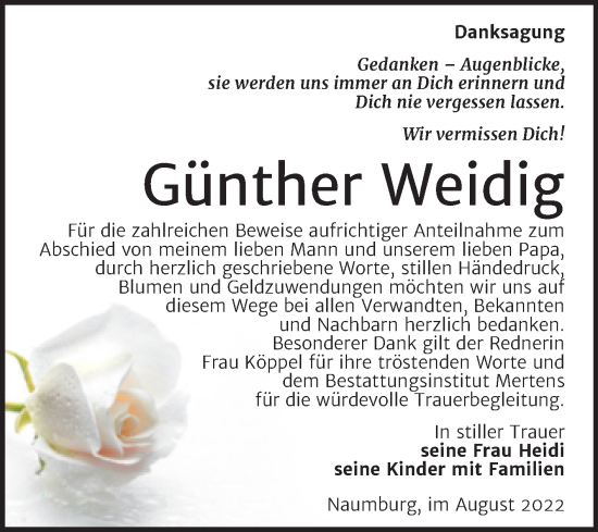 Traueranzeige von Günther Weidig von Wochenspiegel Naumburg/Nebra