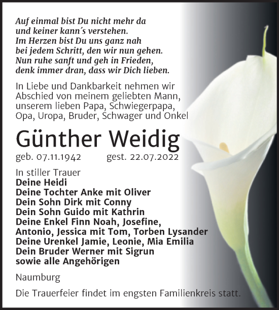 Traueranzeige von Günther Weidig von Wochenspiegel Naumburg/Nebra