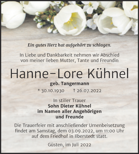 Traueranzeige von Hanne-Lore Kühnel von Trauerkombi Bernburg